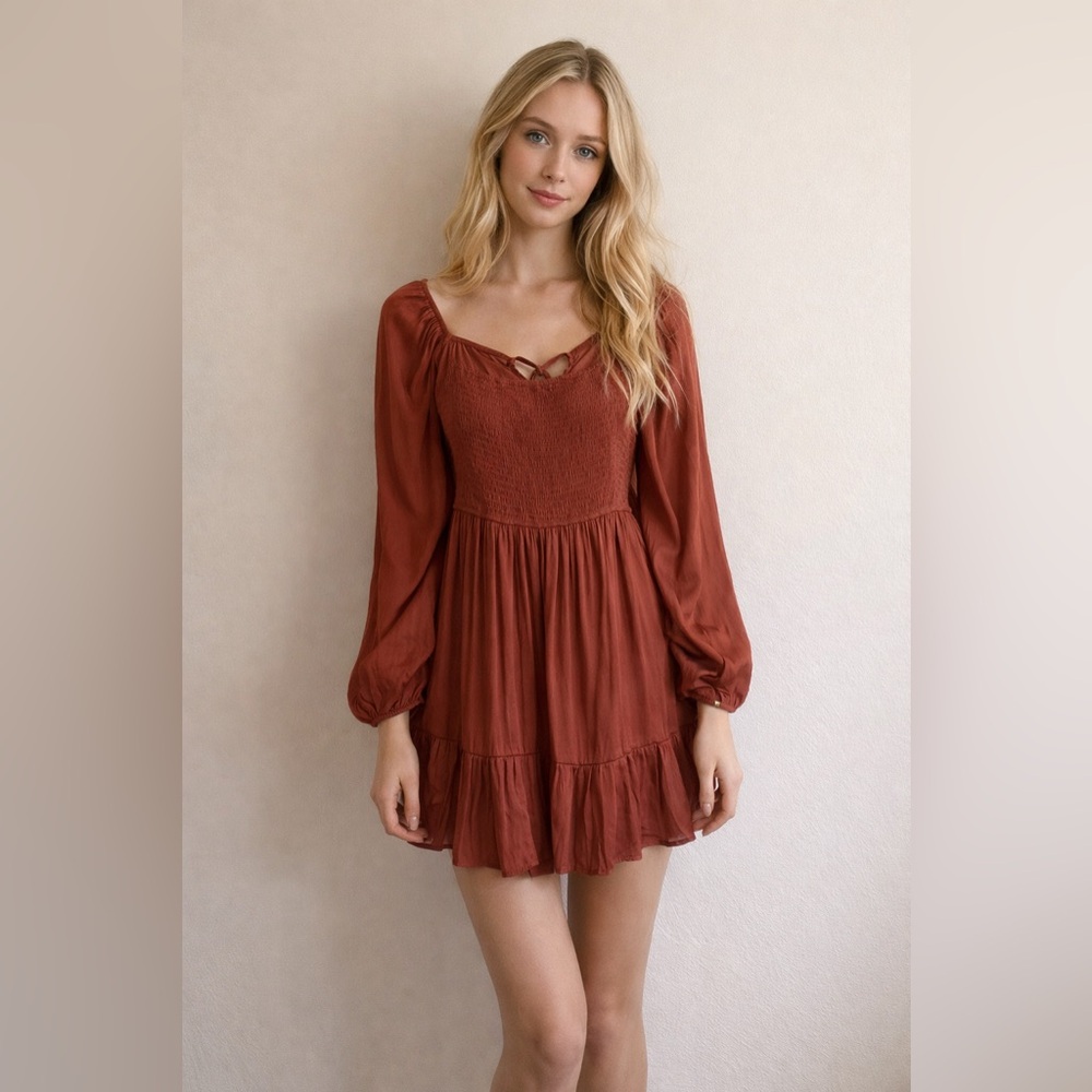 Promesa Rust Smocked Babydoll Mini Dress Long Sleeve‎ Boho Cottagecore